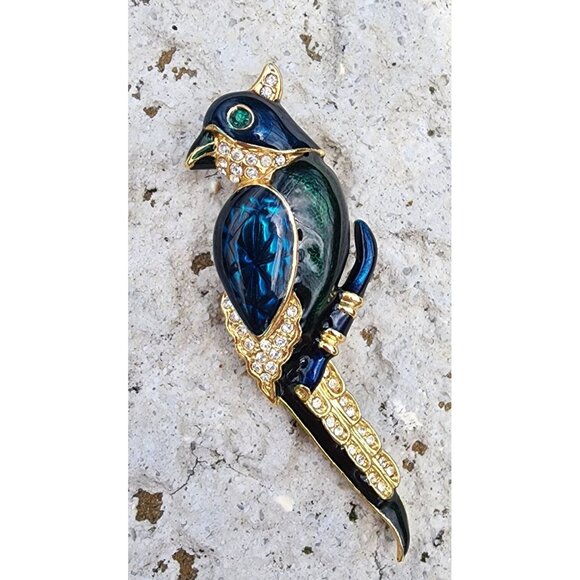 Vintage Jeweled Bird Brooch Pin - Gold Tone Blue & Green Enamel Rhinestones - Picture 2 of 4